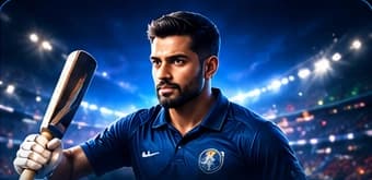 Cricket player in a floodlit stadium